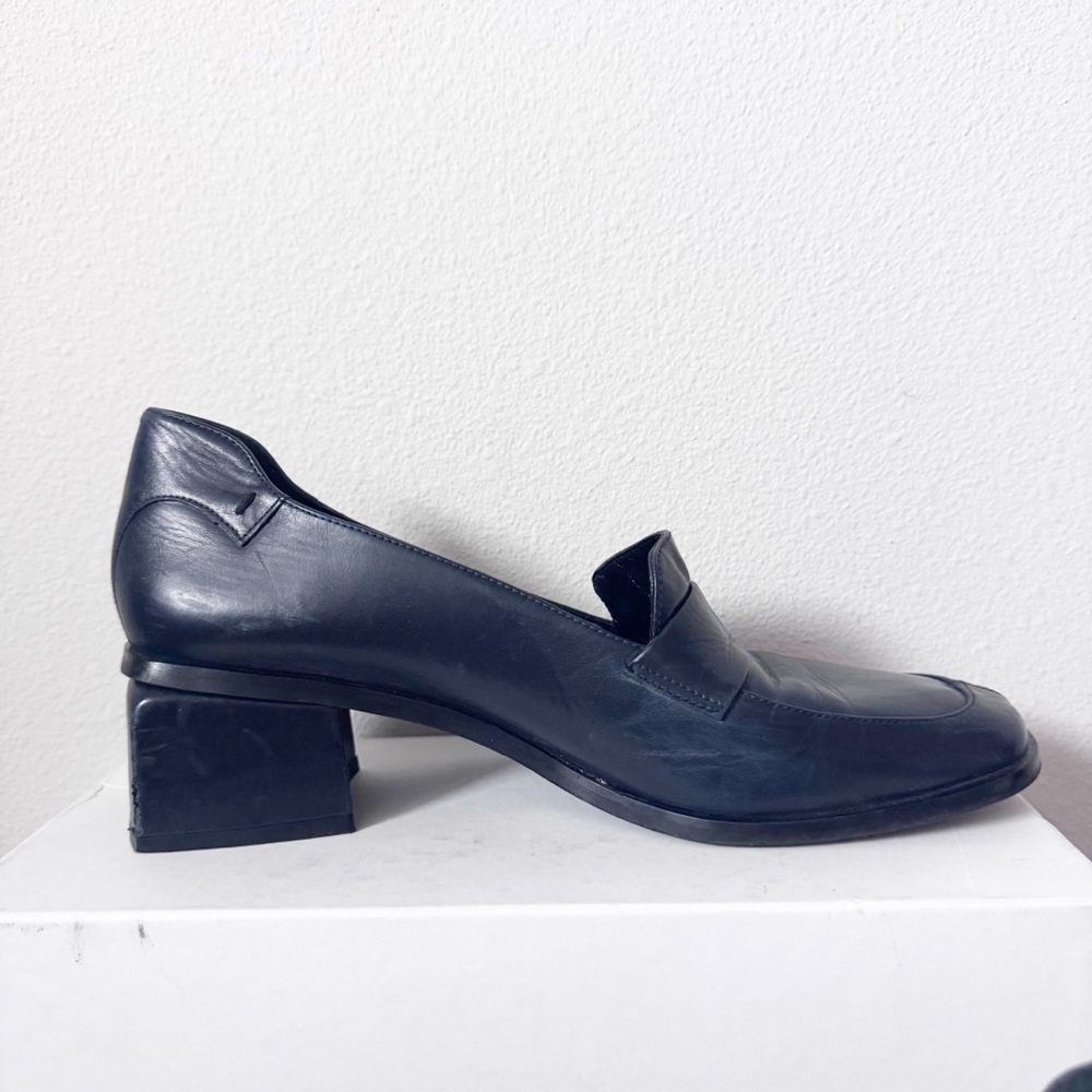 Martinez Valero Dark Navy Leather Block Heel Loafers - Picture 4 of 12